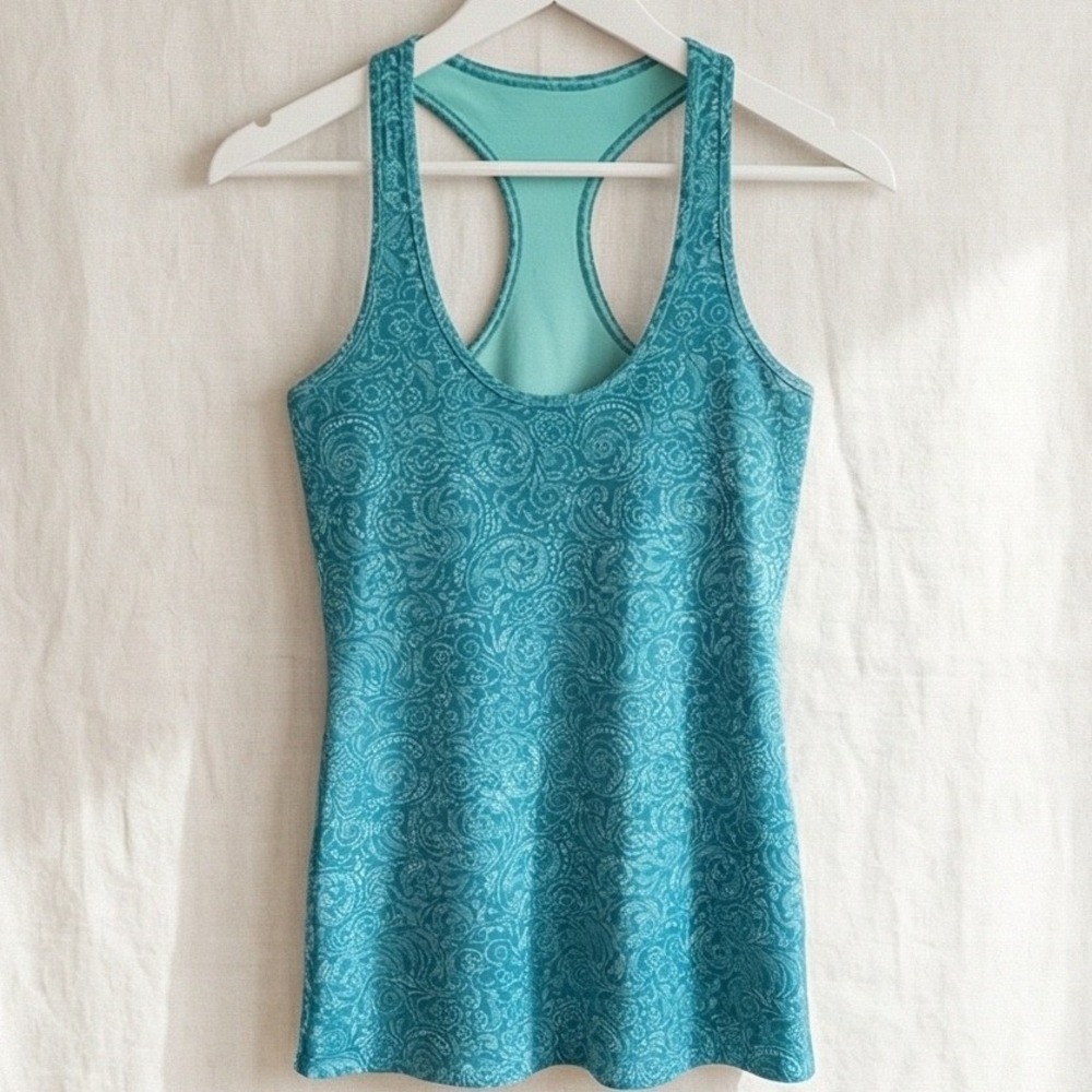 Lululemon 4 Cool Racerback Manifesto Tank‎ Top Teal Blue Paisley Racerback NEW